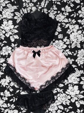 Black Lace Bralette & Pink Satin Shorts Sleep Set
